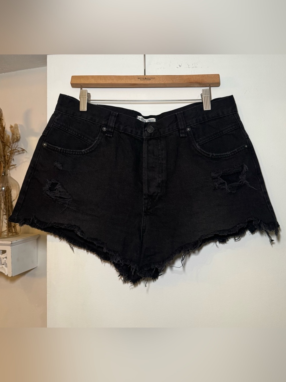 Free people Black Distressed High-Waist Denim Shorts
